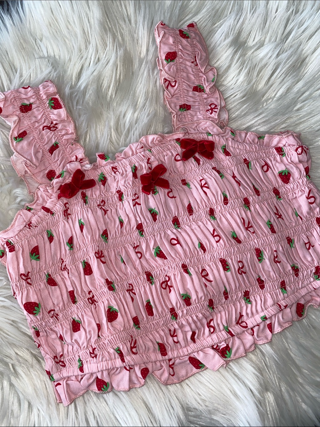 Strawberry Kawaii Ruched Pink Smocked Crop Top
